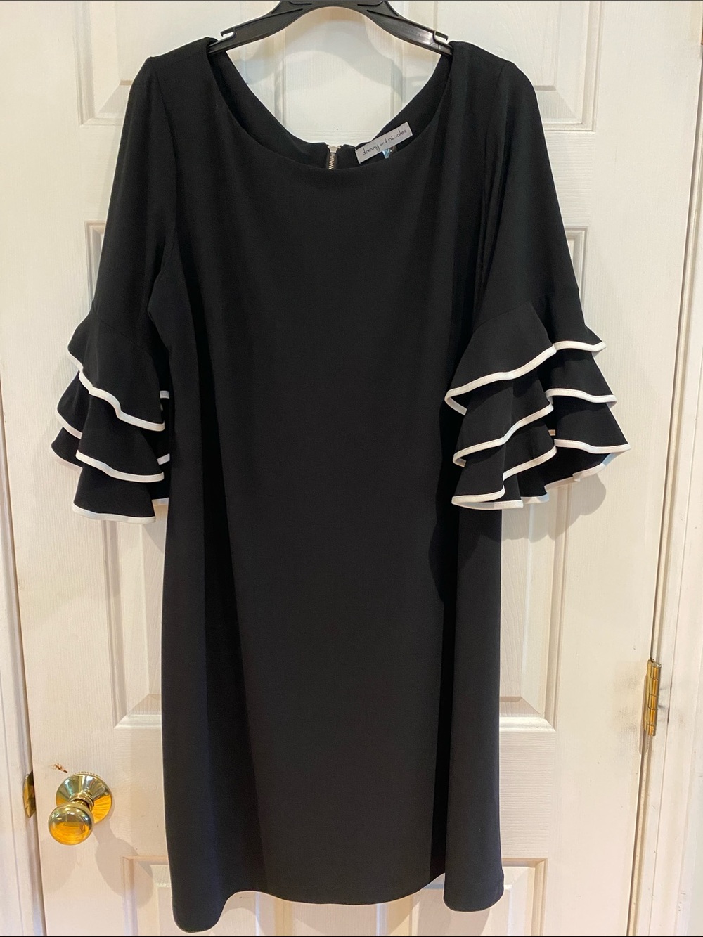Danny & Nicole Black Shift Dress with White-Trim Ruffle Sleeves